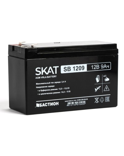 Бастион SKAT SB 1209 АКБ свинцово-кислотная тип AGM 12V 9Ач Iзар. 2,7 А, ножевые клеммы в Москве Электротехническое оборудование Pintop.ru