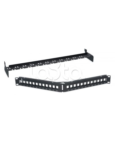 Патч-панель угловая модульная 19, 1U, 24 порта RJ-45, для неэкранированных модулей, с задним кабельным организатором (без модулей) Cabeus PLB-24-CON в Москве Патч панель Pintop.ru