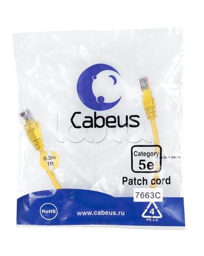 Патч-корд медный U/UTP категория 5е (0,3м) LSZH (желтый) Cabeus (PC-UTP-RJ45-Cat.5e-0.3m-YL-LSZH) в Москве Патчкорды (медные) Pintop.ru