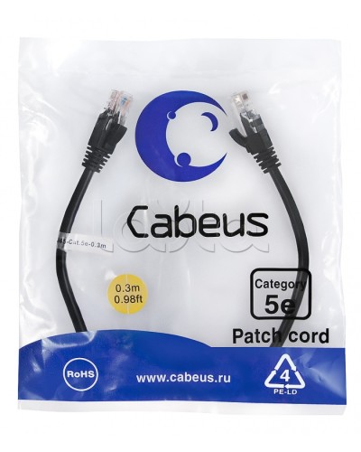 Патч-корд медный U/UTP кат.5е (0,3м) LSZH (черный) Cabeus (PC-UTP-RJ45-Cat.5e-0.3m-BK-LSZH) в Москве Патчкорды (медные) Pintop.ru