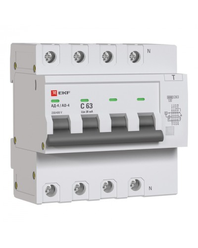 Дифференциальный автомат АД-4 63А/ 30мА (хар. C, AC, электронный) 6кА EKF PROxima (DA4-6-63-30-pro) в Москве Электротехническое оборудование Pintop.ru