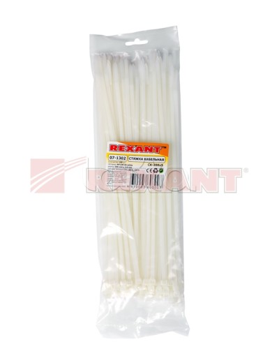 Хомут-стяжка нейлоновый 5х300 мм белый (100шт/уп) REXANT 07-1302 в Москве Стяжки-хомуты Pintop.ru